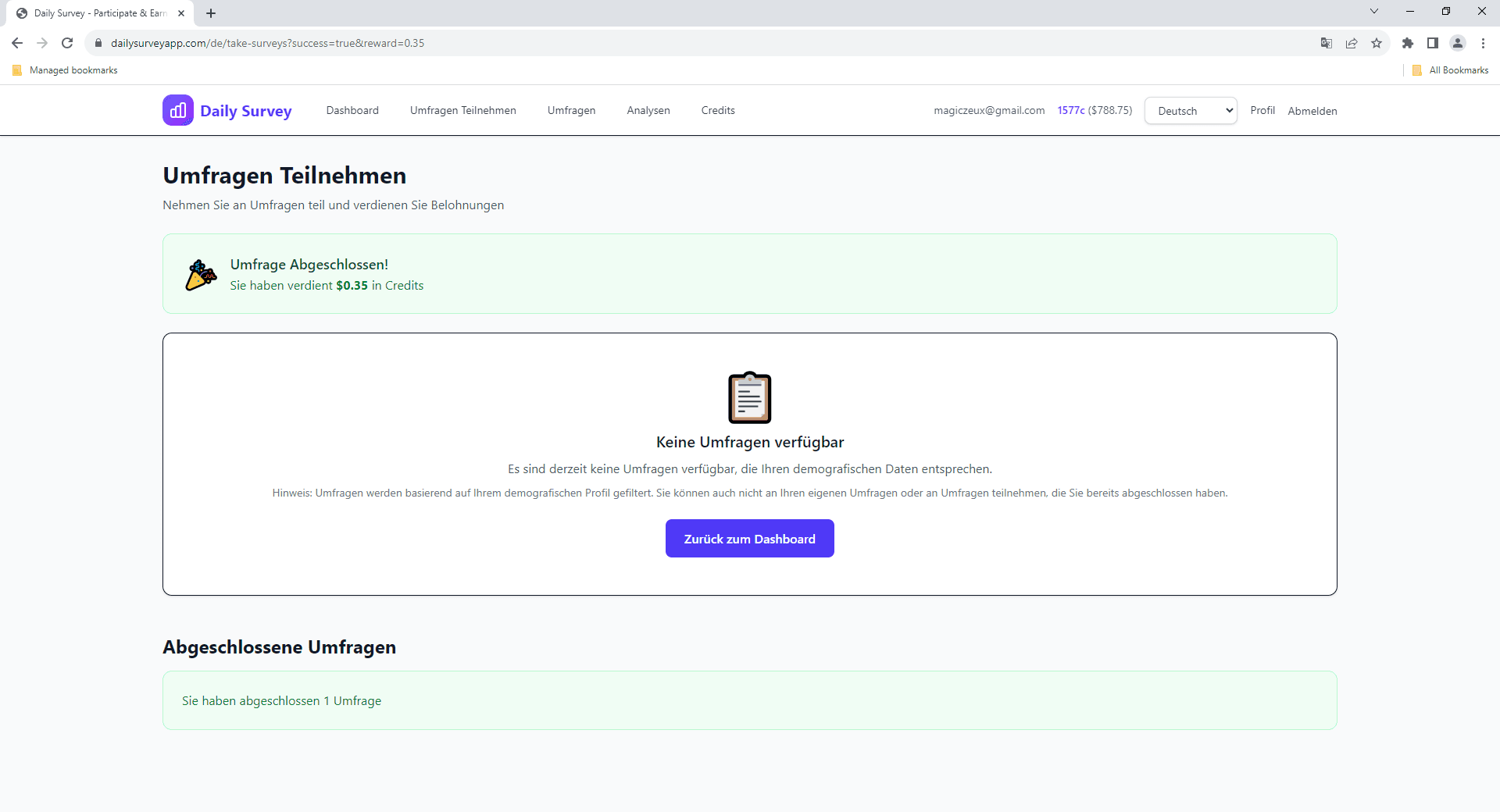 Credits nach Umfrageabschluss erhalten
