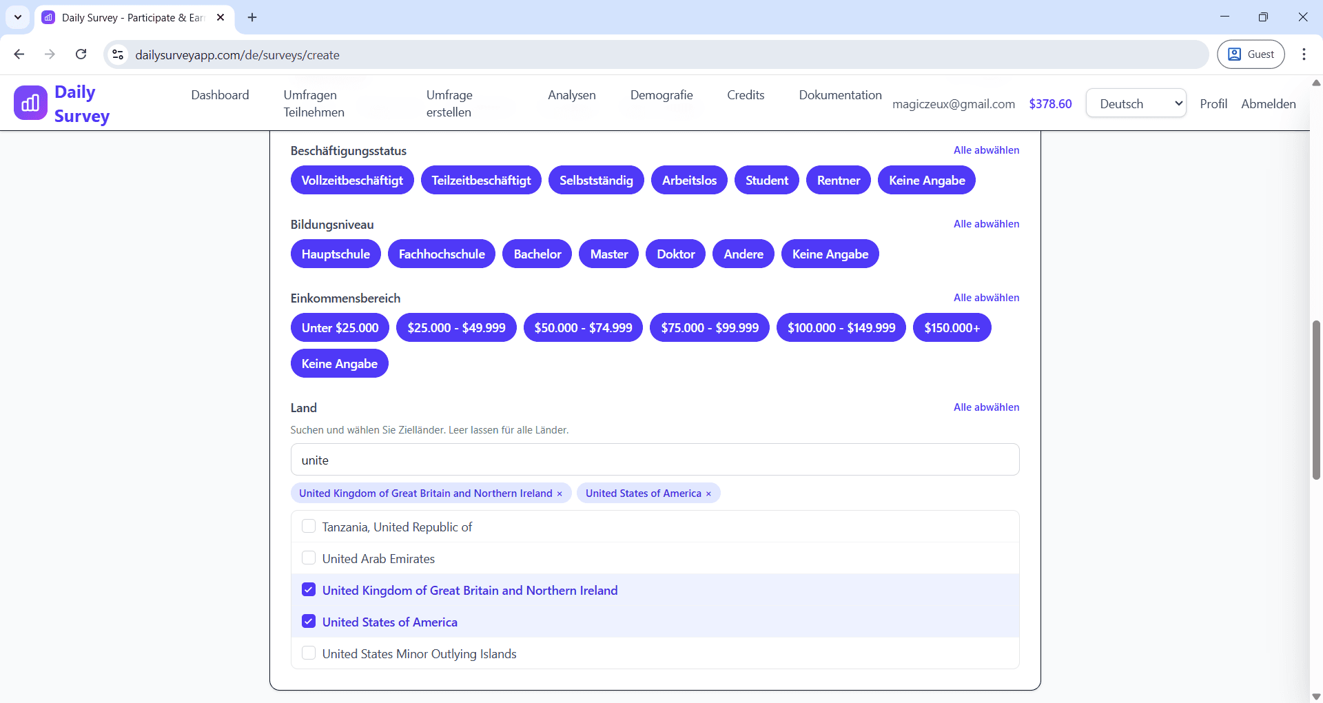 Demografische Filter-Auswahlbildschirm