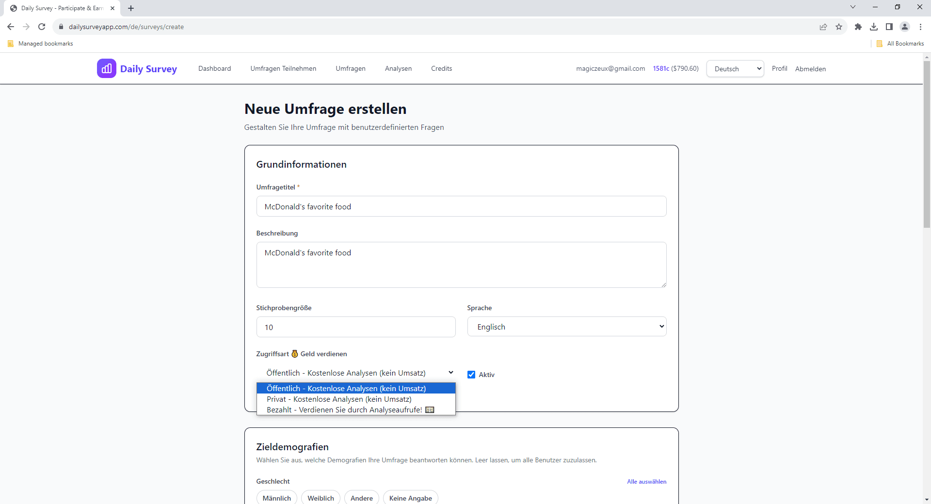 Neue Umfrage mit Grundinformationen erstellen