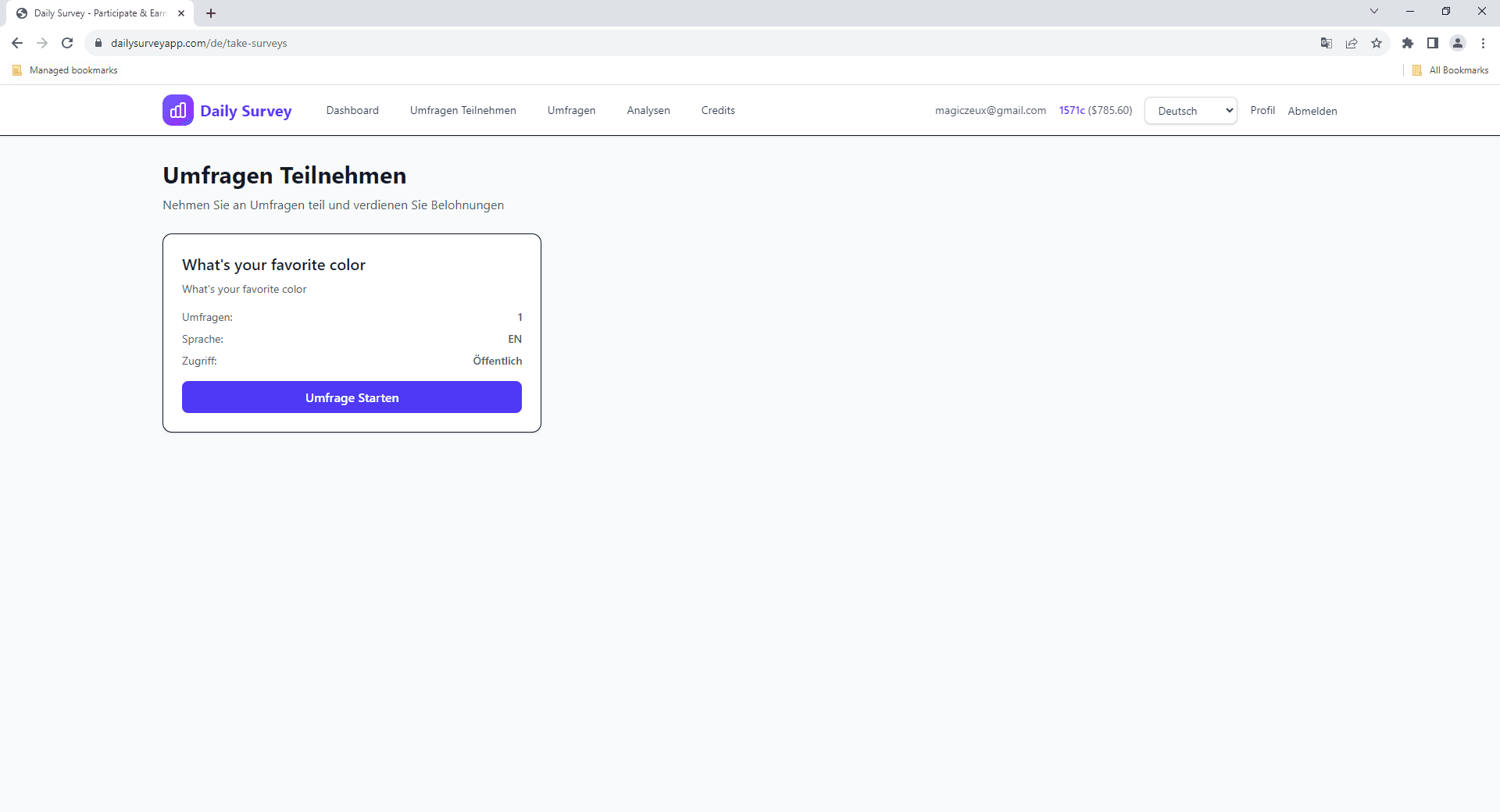 Umfragekarte mit Vergütung und geschätzter Dauer