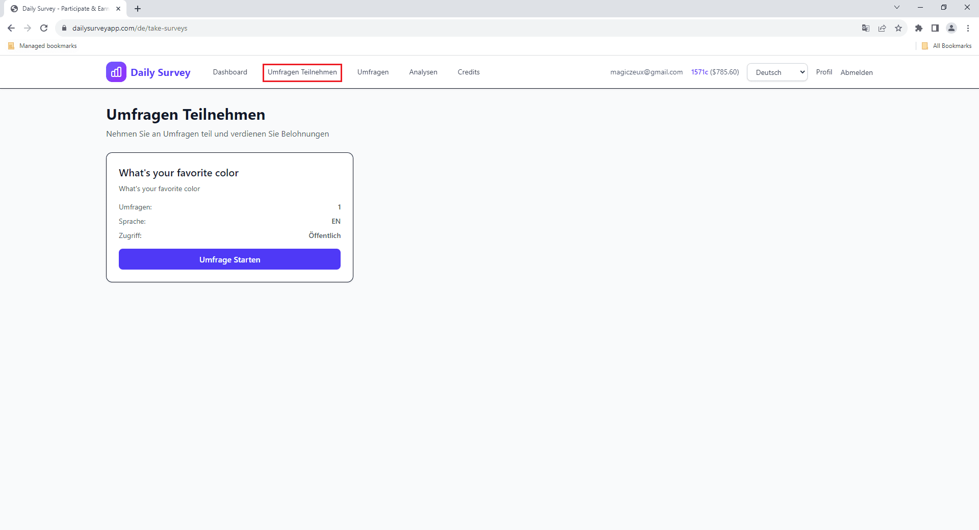 Umfragen-teilnehmen-Seite mit verfügbaren Umfragen