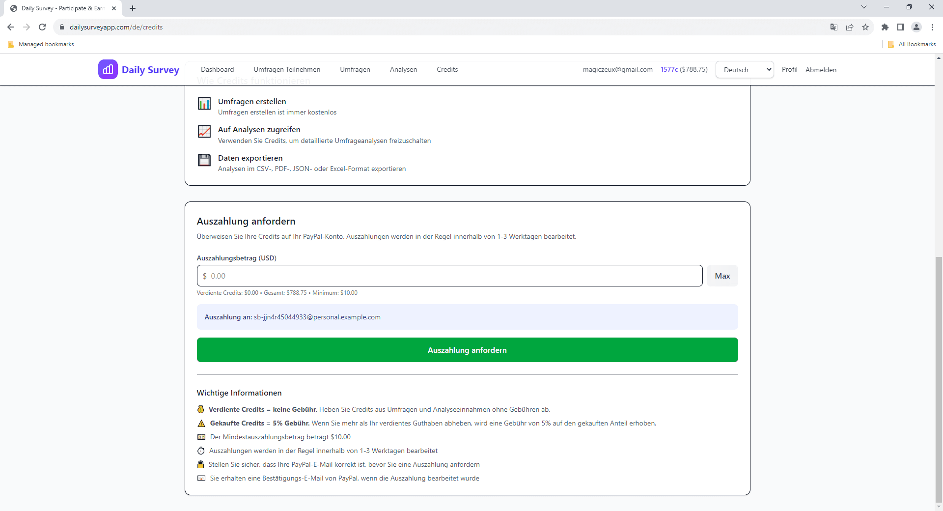 Auszahlungsformular mit Betrageingabe und Gebührenaufschlüsselung