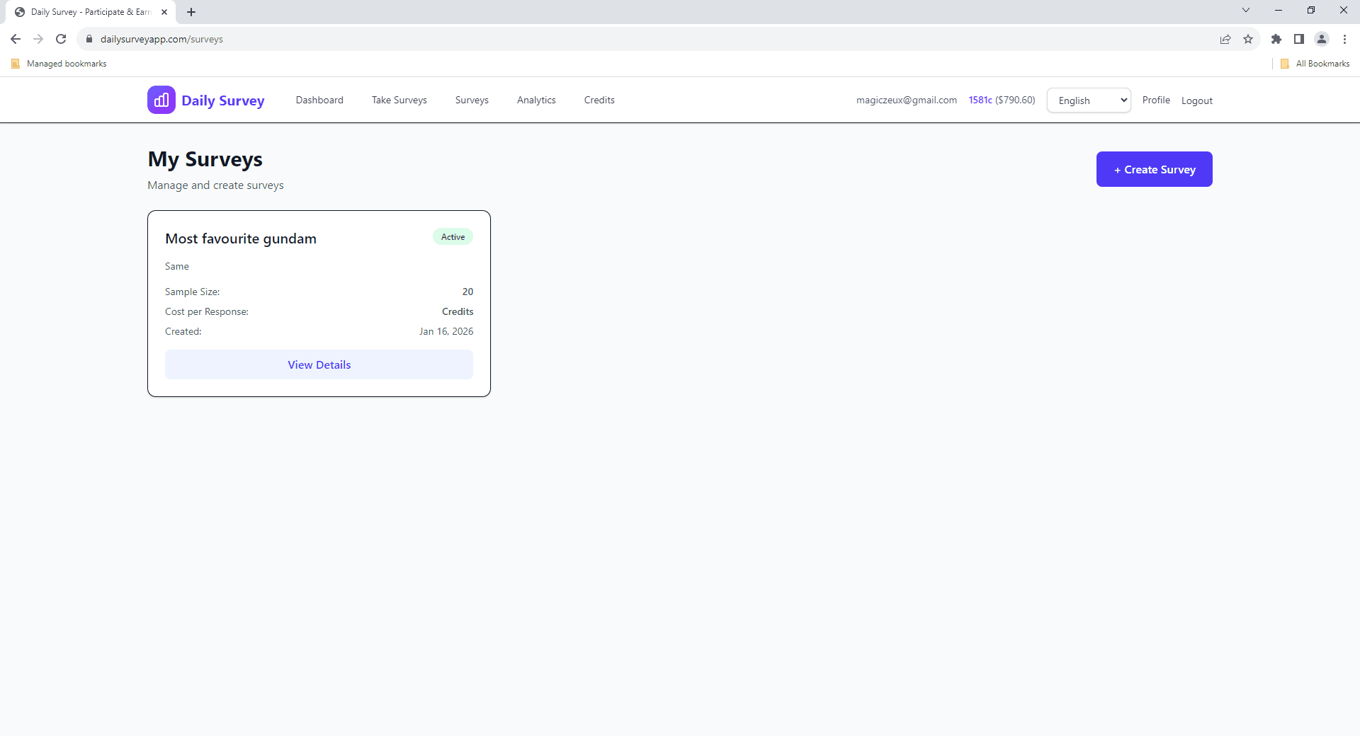 Create Survey button in the dashboard