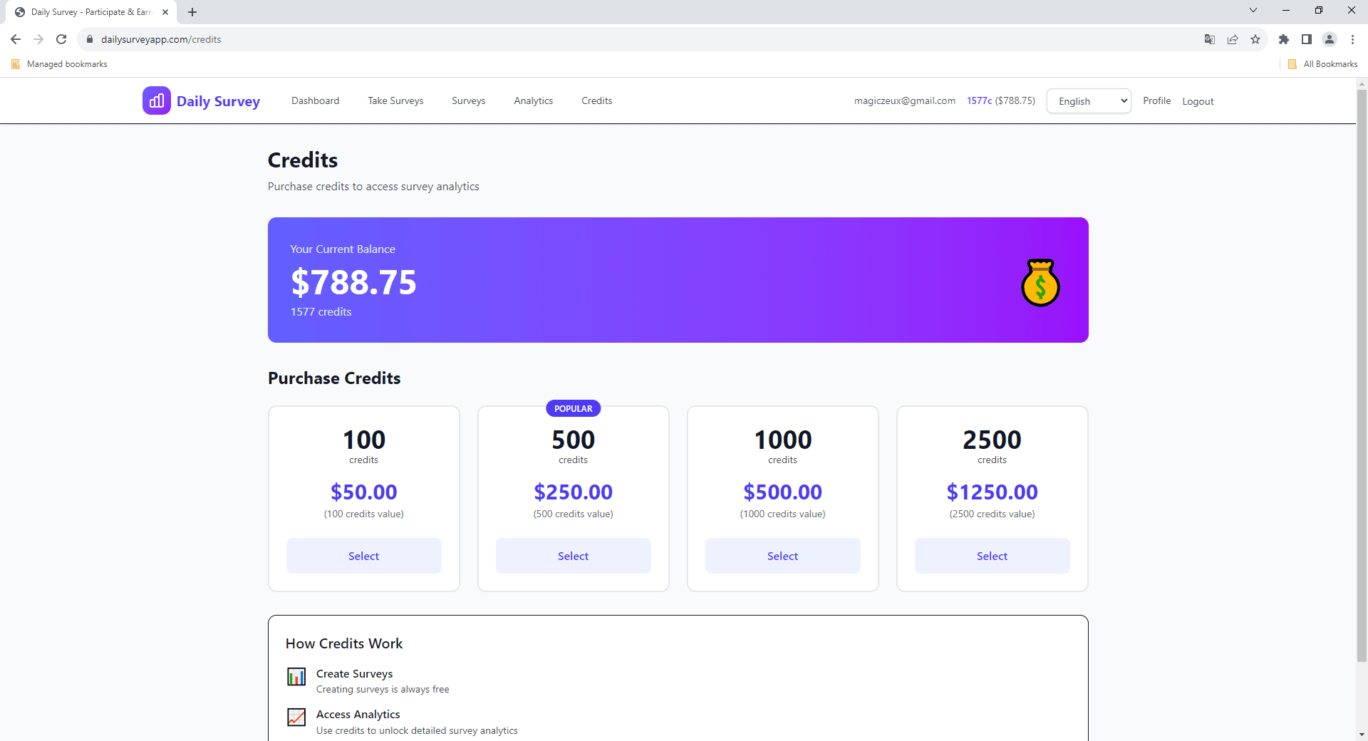 Credits page showing balance and purchase options