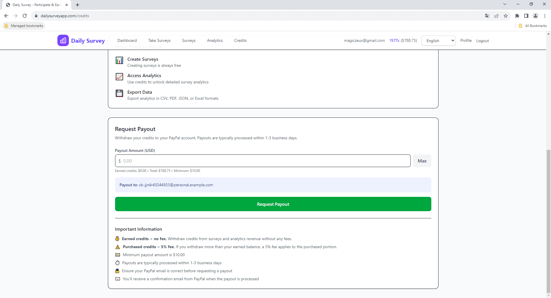 Payout request form with amount input