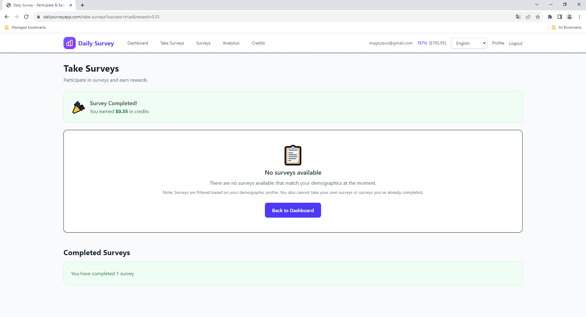 Créditos recibidos después de completar una encuesta