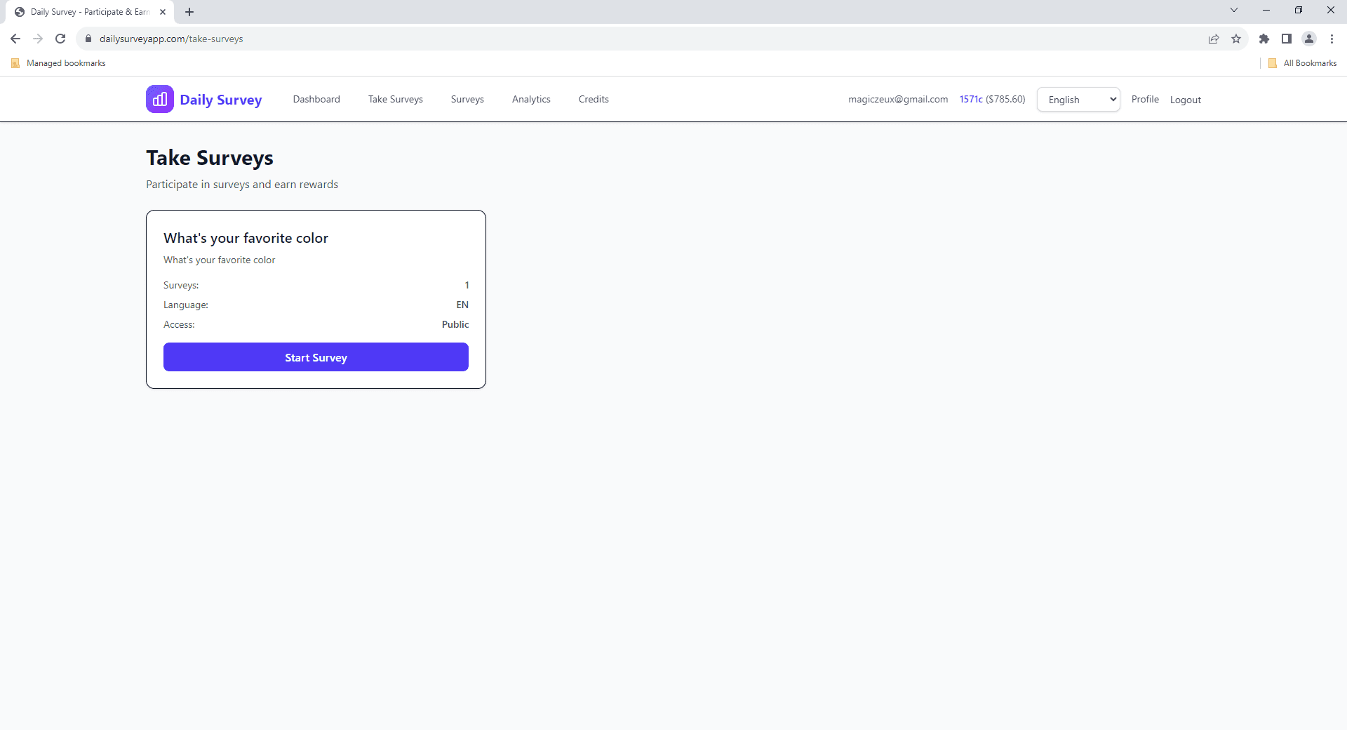 Tarjeta de encuesta mostrando detalles como recompensa y tiempo estimado