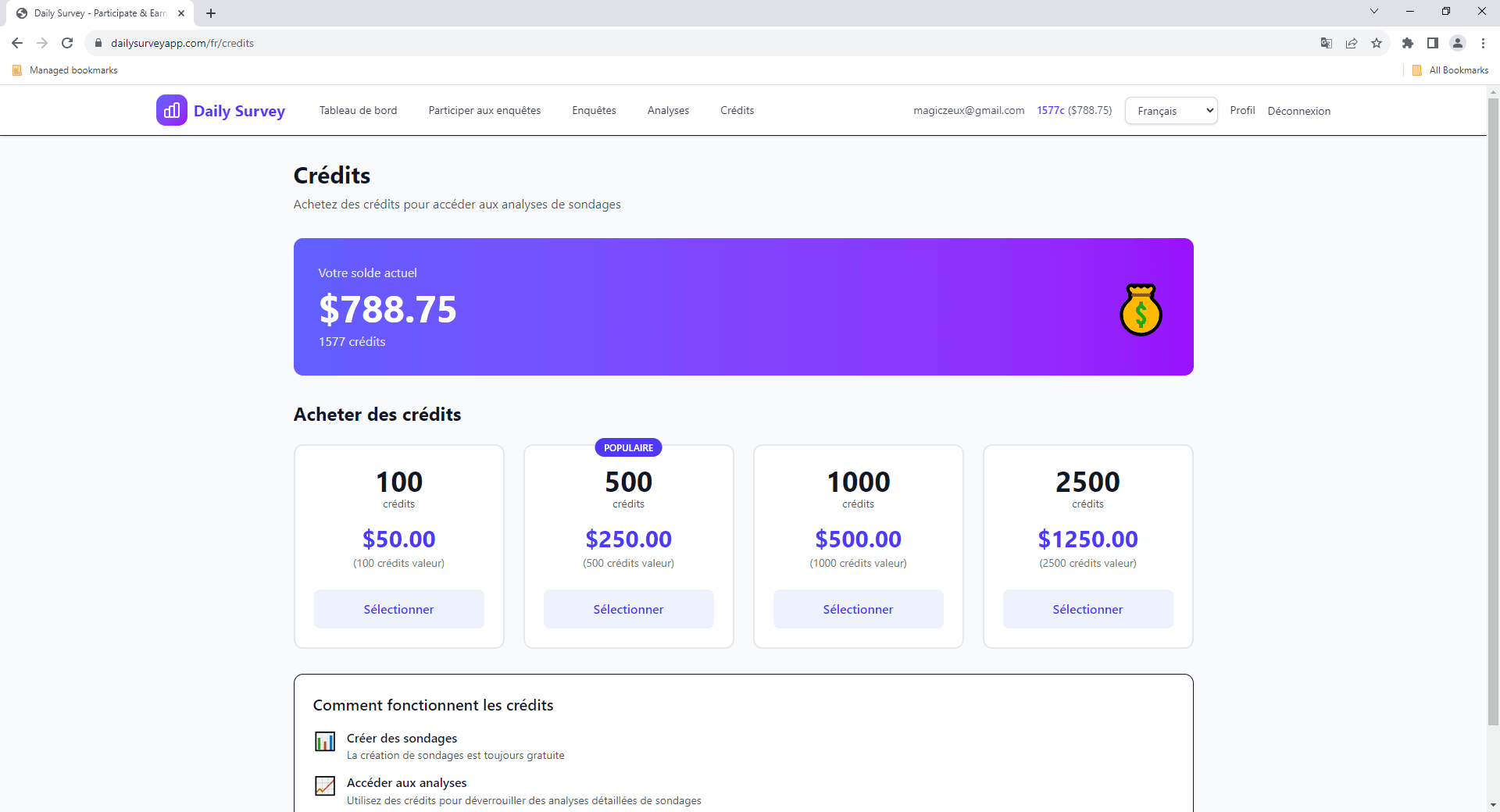 Page Crédits affichant le solde et les options d'achat