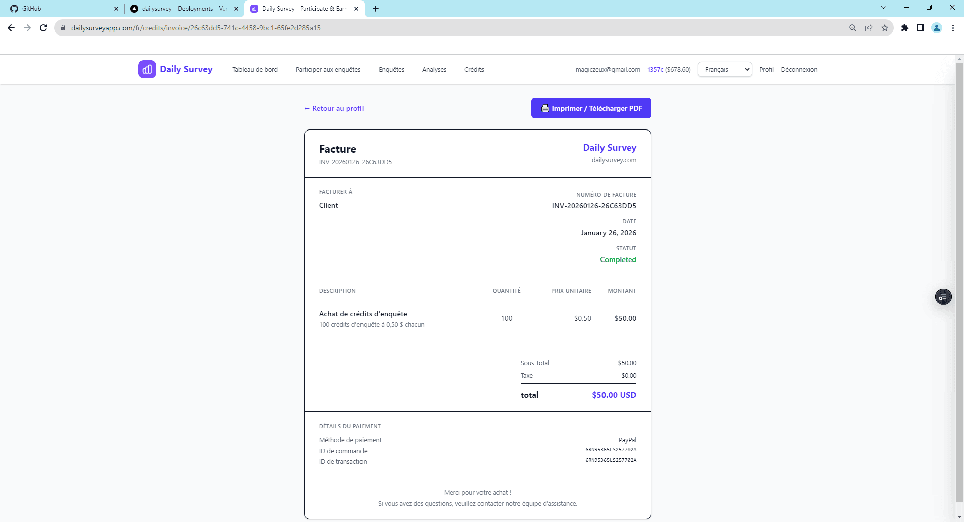 Page de facture affichant les détails de l'achat