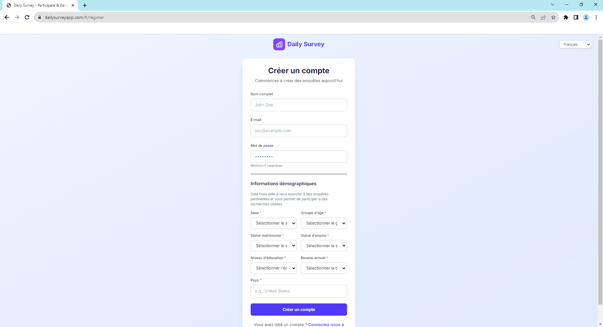 Formulaire d'inscription - Entrez votre email et mot de passe