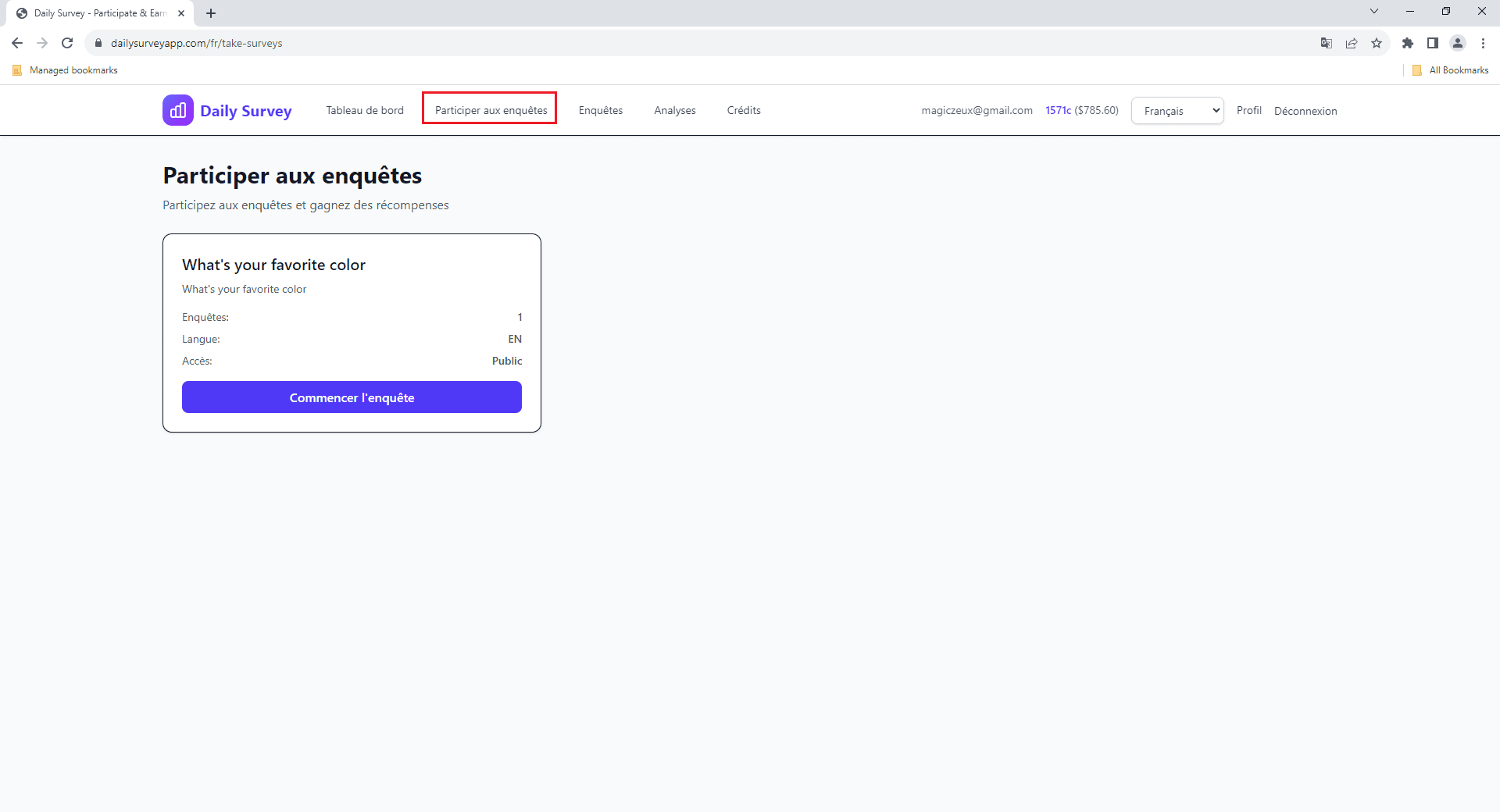 Page Participer aux enquĂȘtes affichant les enquĂȘtes disponibles