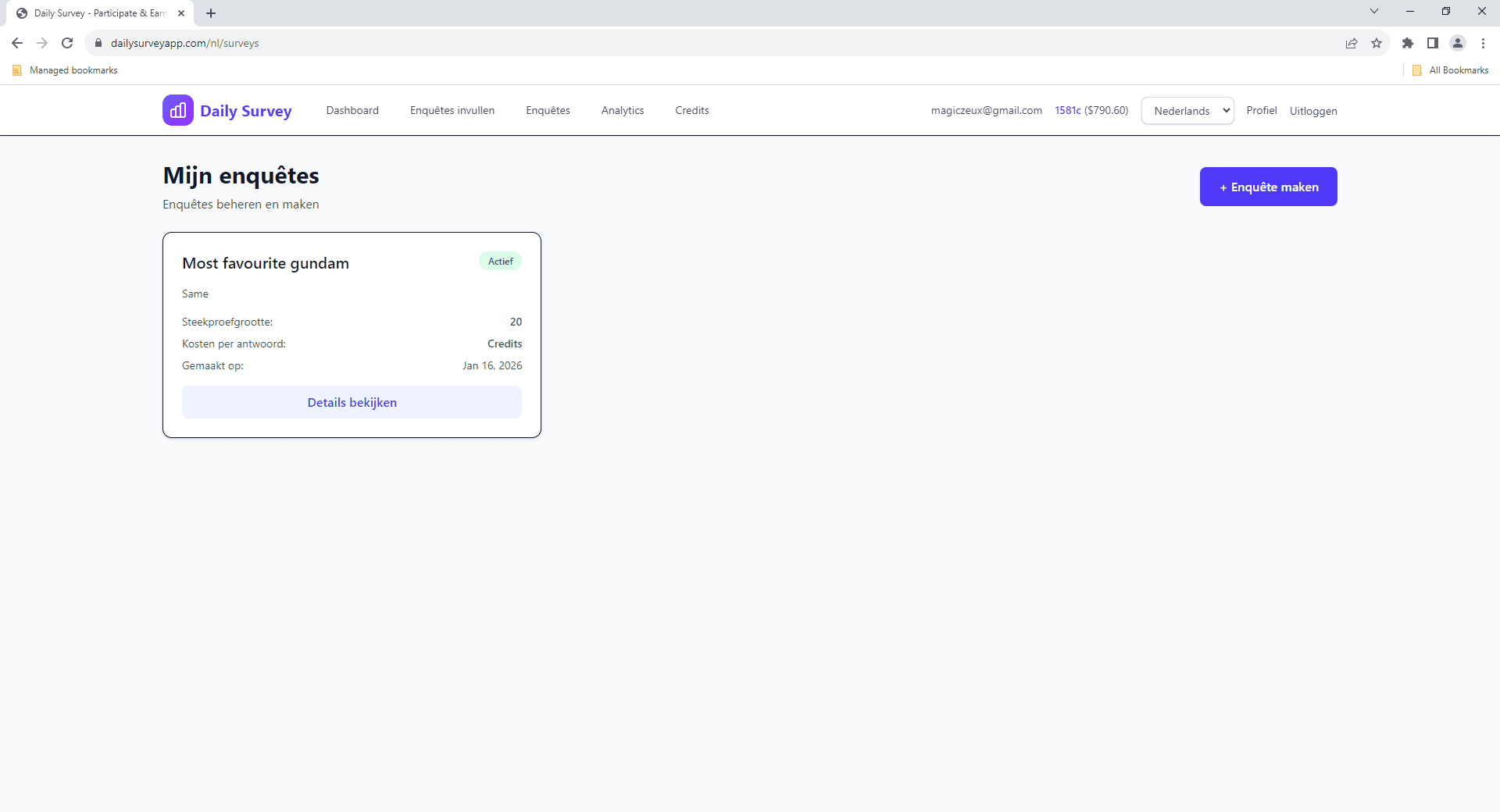 EnquĂȘte Maken knop in het dashboard
