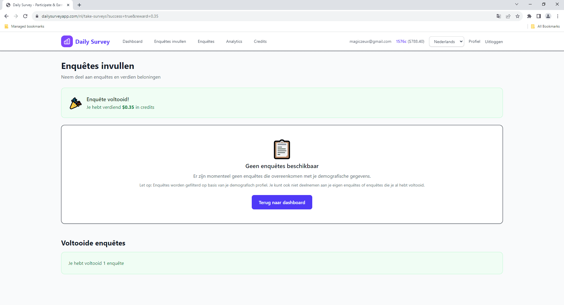 Credits ontvangen na voltooiing van enquĂȘte